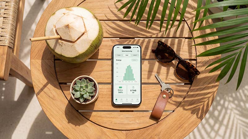 Samui Energy monitoring app on iPhone, tropical lifestyle setting