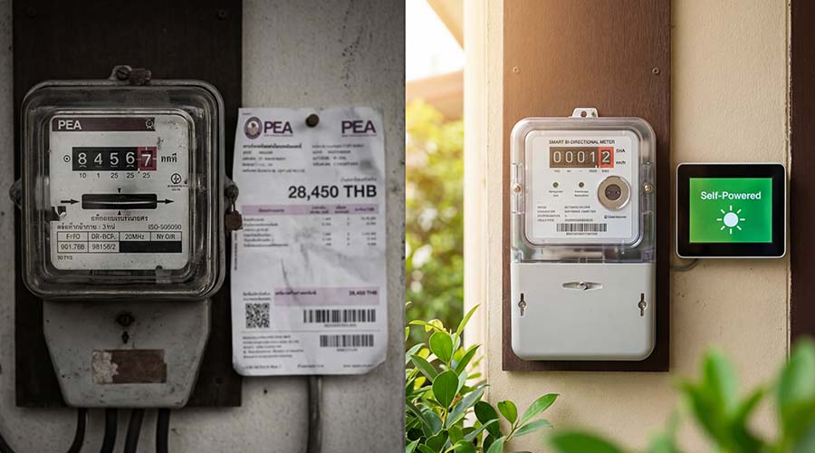 PEA meter before and after solar — 28,450 THB to self-powered